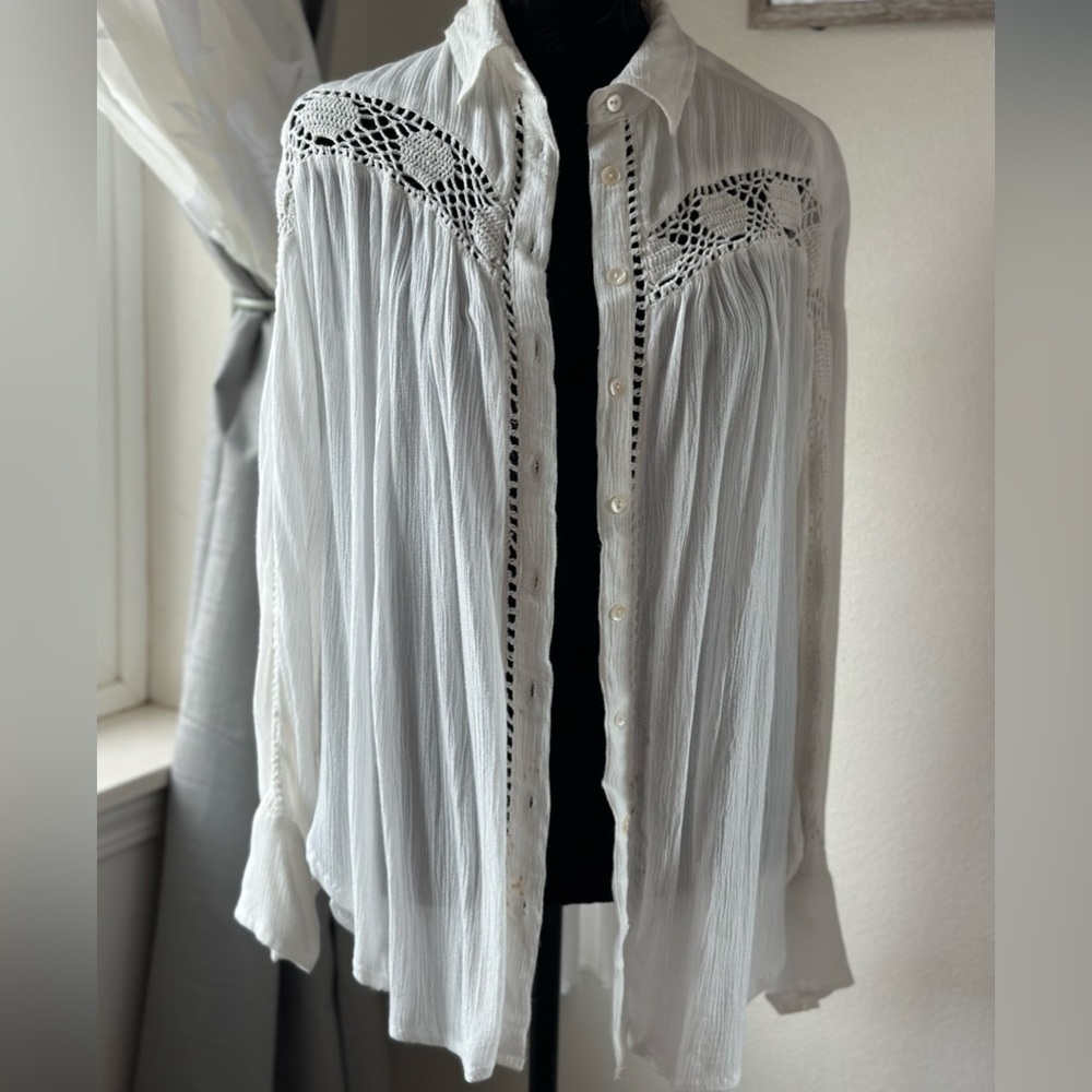 Off White Button Up Blouse with Crochet Detail